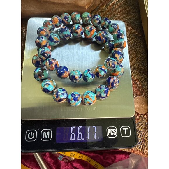 Lapis, Turquoise & Spiny Oyster Mosaic Beaded Bracelets Adjustable Size - Picture 5 of 5